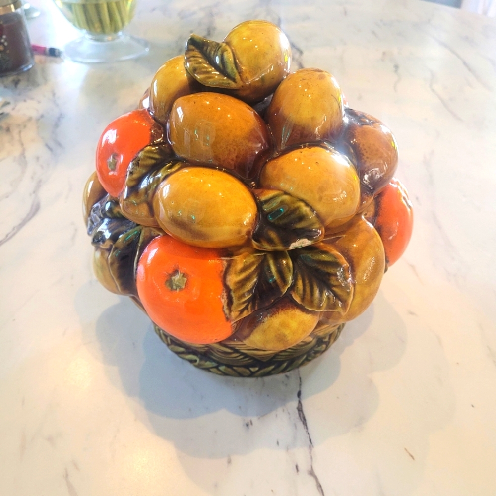 Vintage Inarco Orange Spice cookie jar, shaped like a fruit basket With Oranges
